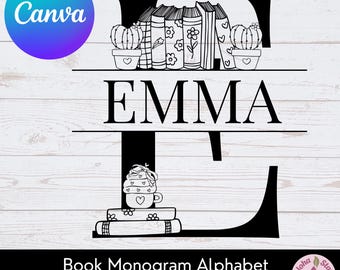 Book Monogram Alphabet Canva Template SVG PNG, Personalized Letter Designs (Digital Download)