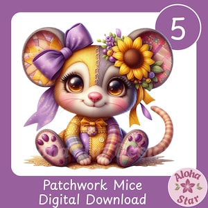 Puede incluir: Ilustración digital de un lindo ratón de patchwork con ojos grandes, que lleva un lazo morado, un girasol y ropa de patchwork. El ratón está sentado sobre una superficie beige. La imagen incluye el texto "Patchwork Mice Digital Download" y el número "5".