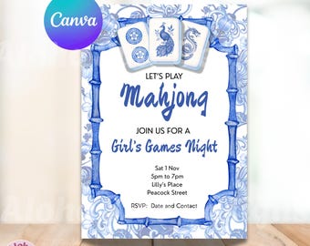 Blue Chinoiserie Mahjong Invitation: Editable Game Night Template (Canva)