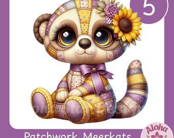Patchwork Meerkat Clipart PNG Set: 5 Whimsical Merrkats with Sunflower Sublimation Designs (Digital Download)