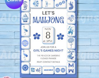 Chinoiserie Mahjong Party Invitation: Blue Tile Game Night (Canva Template)