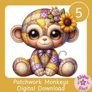May include: A whimsical patchwork monkey with large, expressive eyes and a floral headpiece. The monkey is adorned with a sunflower and a bow. The image includes the text "Patchwork Monkeys Digital Download" and a logo.