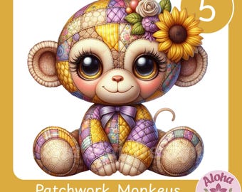Set di clipart PNG di scimmie patchwork: 5 scimmie stravaganti con disegni a sublimazione di girasoli (download digitale)