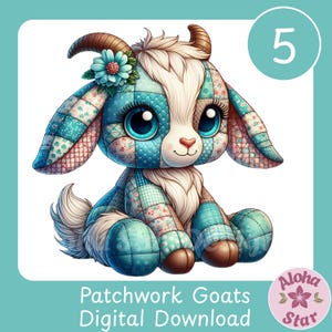 May include: A digital illustration of a patchwork goat with large blue eyes, wearing a flower. The goat is made of blue and floral patterned fabric. The number 5 is in a circle in the upper right corner. Text reads "Patchwork Goats Digital Download" and "Aloha Star".