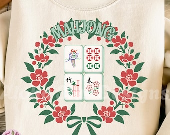 Ensemble de décorations de Noël mahjong : couronne de fleurs avec tuiles de mahjong (Téléchargement numérique, PNG, JPG)