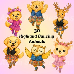 Highland Dancing Animal Watercolor Clipart, 30 Unique Scottish Dance Animal Designs for Gift or Highland Dance Teacher Use