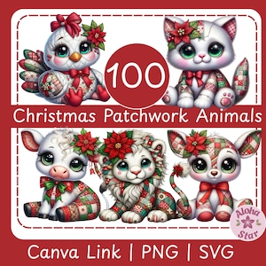 May include: A collection of five Christmas patchwork animals: a bird, cat, cow, lion, and deer. Each animal is adorned with festive poinsettias and bows. The image includes the text "100 Christmas Patchwork Animals" and "Canva Link | PNG | SVG".