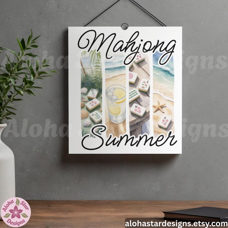 May include: A white print with the words "Mahjong Summer" in black script. The artwork features watercolour illustrations of mahjong tiles, a drink with lemon, and a beach scene with a starfish.