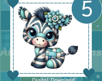 Patchwork Zebra PNG Set: Blue & Teal Nursery Art (Digital Download, 300 DPI, 10x10 in