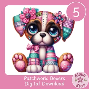 Patchwork Boxer Dogs Clipart PNG Set: 5 filt- och utsmyckade mönster, sublimering (digital nedladdning)