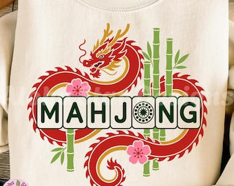 Mahjong Design with Dragon, Bamboo, and Plum Blossoms - Digital Download PNG & JPG