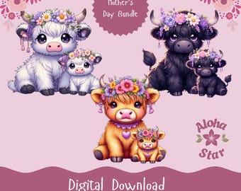 Kawaii Highland Cow Mother's Day PNG SVG Set (Digital Download)