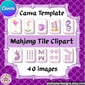 Watercolor Mahjong Tiles Clipart Canva Template – 40 Digital tile images