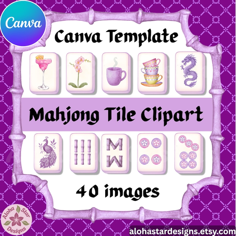Watercolor Mahjong Tiles Clipart Canva Template – 40 Digital tile images image 1