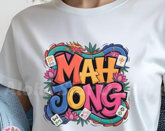 Colourful Mahjong Design, Lotus Flowers, Dragon Art (Digital Download, PNG)