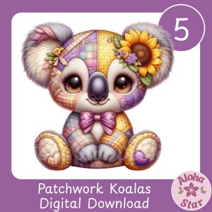 May include: A digital download image of a patchwork koala bear. The koala has a patchwork design in shades of yellow, purple, and pink. It has a sunflower and bow tie. The image is set against a purple background with the number 5.