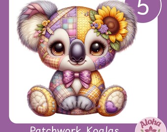 Patchwork Koala PNG Set: 5 Whimsical Koala with Sunflower Sublimation Designs (Digital Download, 5 Files)
