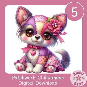 Puede incluir: Ilustración digital de un cachorro de chihuahua patchwork con grandes ojos marrones, que lleva una flor rosa y un colgante de corazón rosa. El texto "Patchwork Chihuahuas Digital Download" está en la parte inferior.