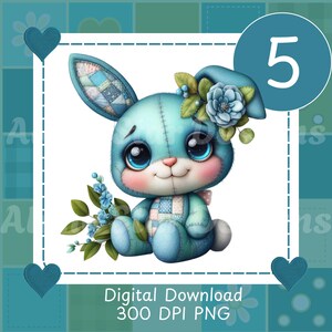 May include: A cute, light blue bunny plushie with large, expressive eyes, a pink nose, and a stitched design. It has a floral headpiece and holds a bouquet of blue flowers. The number "5" is in a blue circle. Text: Digital Download 300 DPI PNG.