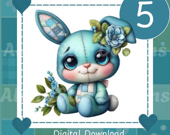 Patchwork Easter Bunny PNG Set: Blue & Teal Rabbits (Digital Download)
