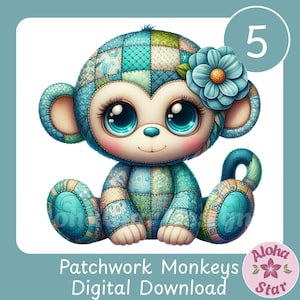May include: A digital illustration of a patchwork monkey in shades of blue, green, and cream. The monkey has large, expressive eyes, a flower on its head, and the number 5 in a circle. Text at the bottom reads "Patchwork Monkeys Digital Download."