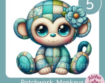 Patchwork Monkey Clipart PNG Set: 5 Whimsical Monkeys Blue and Teal Sublimation Designs (Digital Download)