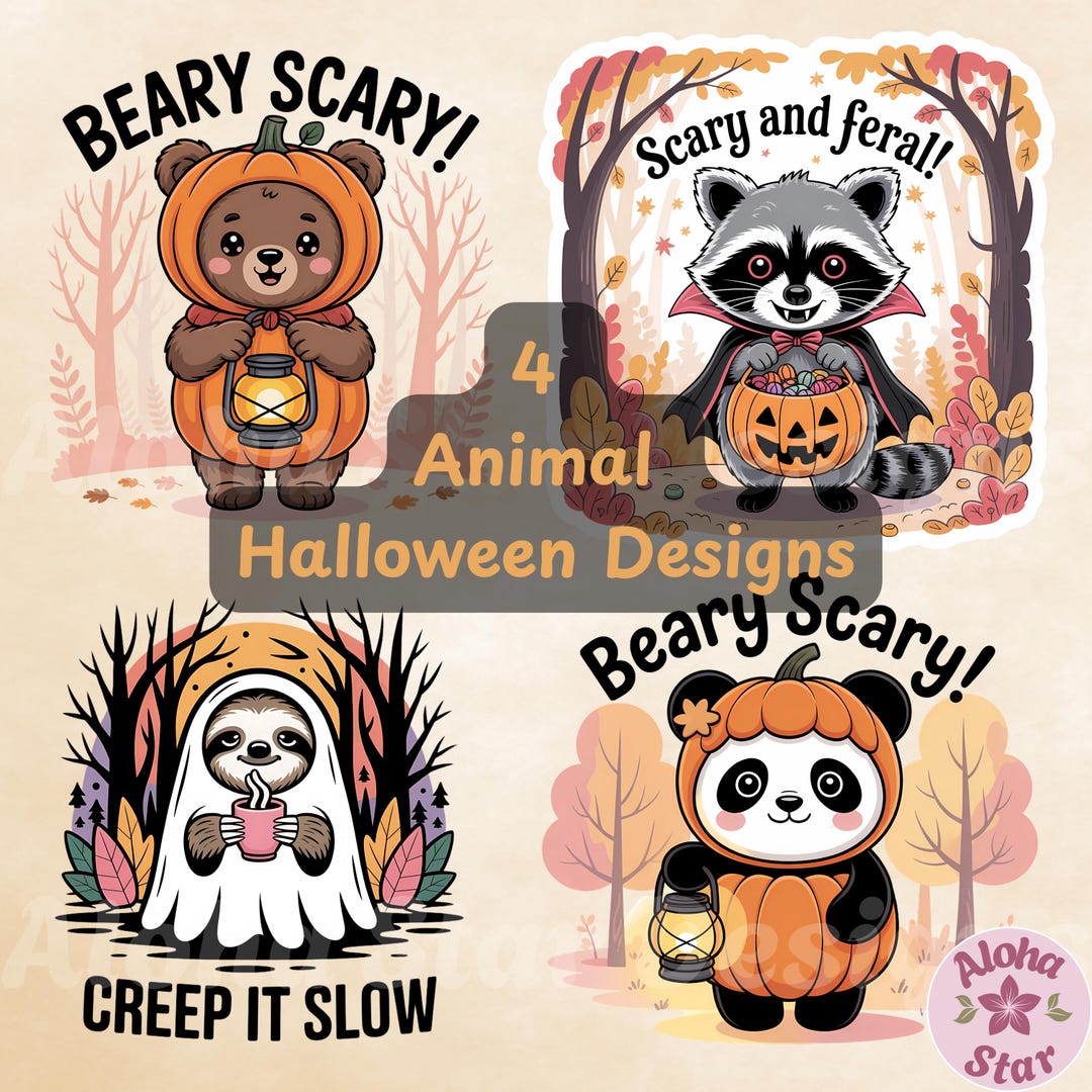 Kawaii Halloween Clipart Set: Vampire Raccoon, Pumpkin Bear, Ghost ...