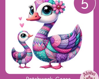 Patchwork Goose Clipart PNG Set: Whimsical Nursery Decor (Digital Download 300 DPI)