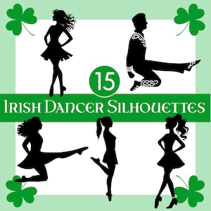 Op de afbeelding: Een afbeelding met zwarte silhouetten van Ierse dansers in verschillende poses, met een groene banner met de tekst "Irish Dancer Silhouettes". Het nummer "15" staat in een groene cirkel. Groene klavers staan in de hoeken.