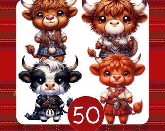 Conjunto PNG de vaca de las Tierras Altas de Tartán Kawaii: Clipart Escocés (Descarga Digital)