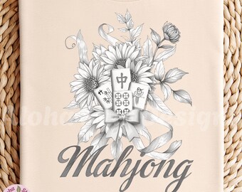 Mahjong Floral Design: Pencil Sketch style, Black and White (Digital Download, PNG, JPG)