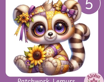 Patchwork Lemur Clipart Set: 5 Whimsical Lemur with Sunflower Sublimation Design (Digital Download PNG Files)