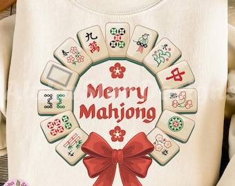 Ensemble de décorations de Noël mahjong : couronne faite de tuiles de mahjong (téléchargement numérique, PNG, JPG)