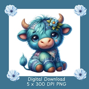 Conjunto de imágenes prediseñadas de vacas de las Tierras Altas (PNG): 5 caprichosas vacas de patchwork azules, decoración para habitaciones infantiles y de bebés, regalo único para niños, ilustraciones de vacas de las Tierras Altas