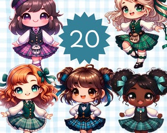 Kawaii Scottish Dancer Clipart: Tartan Kilts, Kids Room Decor (PNG Digital Download)
