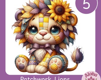 Patchwork Lion Clipart Set: Whimsical Nursery Decor (PNG Files, Digital Download
