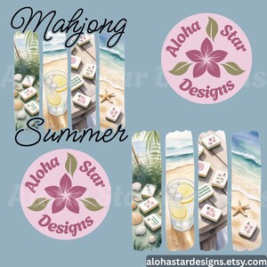 May include: A watercolour design showing a beach scene with Mahjong tiles, a glass of lemonade, and seashells. The words "Mahjong Summer" are written in cursive. The image also includes the Aloha Star Designs logo and the website address alohastardesigns.etsy.com.