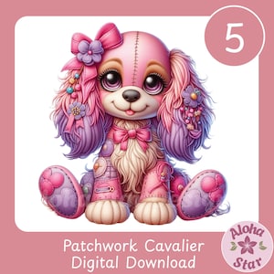 May include: A digital illustration of a patchwork Cavalier King Charles Spaniel dog. The dog is primarily pink with purple accents, adorned with bows and floral embellishments. The image includes the text "Patchwork Cavalier Digital Download".