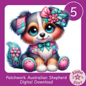 May include: A digital illustration of a Patchwork Australian Shepherd puppy with large blue eyes, wearing a patchwork bow, scarf, and ear coverings. The puppy has a pink nose and paws, and a turquoise tail with a flower. The number 5 is in a circle.