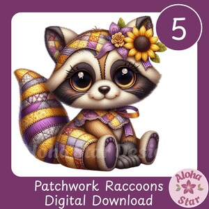 Op de afbeelding: Een schattige cartoon wasbeer met grote ogen, gekleed in een patchwork outfit en een zonnebloem. De wasbeer heeft een paarse en gouden patchwork staart en hoofdbedekking. De afbeelding bevat de tekst "Patchwork Raccoons Digital Download".
