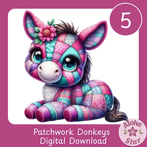 May include: A colorful patchwork donkey illustration with large, expressive eyes and a flower on its head. The donkey is in shades of pink, blue, and purple. The image includes the text "Patchwork Donkeys Digital Download."
