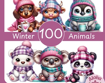May include: Digital illustration of six cute winter animals wearing hats and scarves, holding mugs of hot chocolate. The image includes the text "Winter 100 Animals" and "300 DPI PNG".