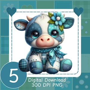 Könnte beinhalten: Ein bezauberndes Patchwork-Kuh-Spielzeug aus blauem und weißem Denim-Stoff. Es hat große Augen, eine rosa Nase und eine blaue Blume. Das Bild enthält die Zahl 5 und den Text "Digital Download 300 DPI PNG".