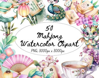 Mahjong Watercolor Clipart Set, 50 PNGs, Colorful Motifs (Digital Download)