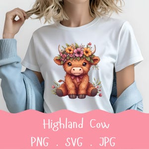 Highland Cow Floral Clipart SVG PNG JPG | Kawaii Highland Cattle Sublimation Art Digital Download for T-Shirt Printing and Crafts