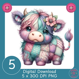 Conjunto de imágenes prediseñadas de ilustraciones de vacas de las Tierras Altas con patchwork, 5 adorables y divertidas vacas de las Tierras Altas para decoración infantil, regalo único para habitación infantil