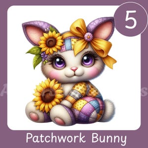 May include: A cute patchwork bunny illustration with a yellow bow, sunflowers, and purple accents. The bunny has large purple eyes and is holding a sunflower. The text "Patchwork Bunny" is at the bottom.