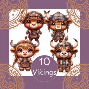 May include: Four cartoon Viking characters with brown fur, horns, and helmets. They wear leather armour and have large eyes. The image includes the text "10 Vikings" in a purple circle, set against a white background with decorative borders.