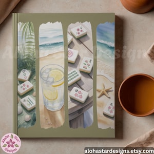 May include: A green book cover with a watercolour illustration featuring a beach scene, a glass of lemonade, and Mahjong tiles. The cover has the text "Aloha Star Designs" and "alohastardesigns.etsy.com".