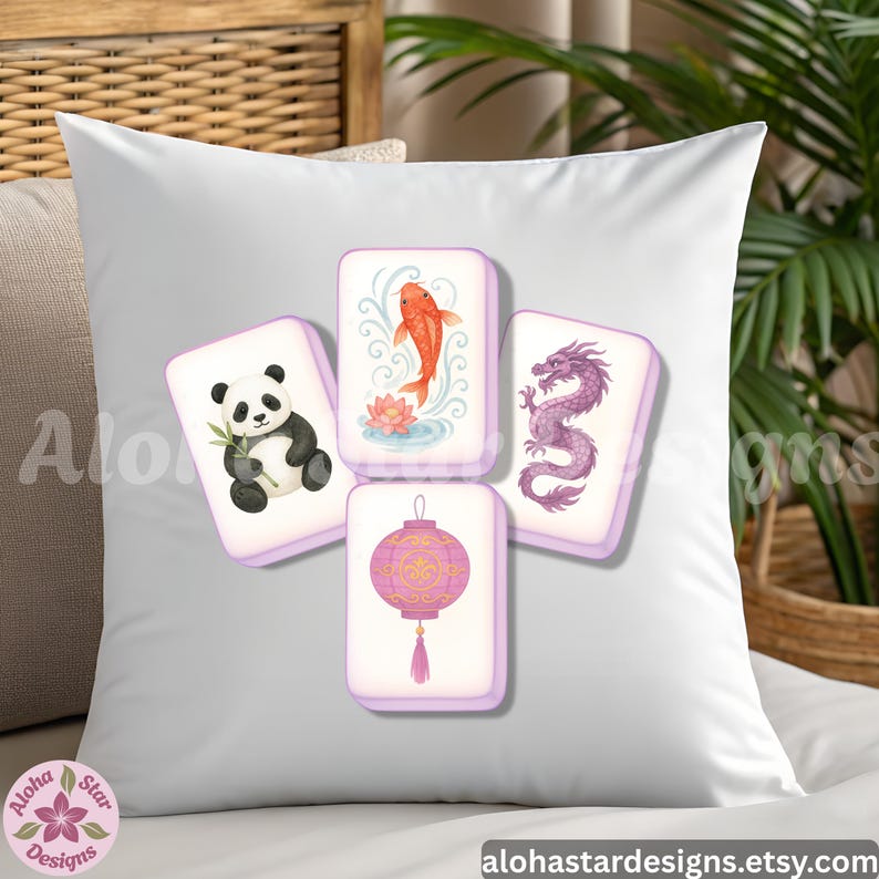 May include: A white square pillow with four decorative tiles featuring a panda, koi fish, purple dragon, and a pink lantern. The pillow has the text "Aloha Star Designs" and "alohastardesigns.etsy.com" printed on it.